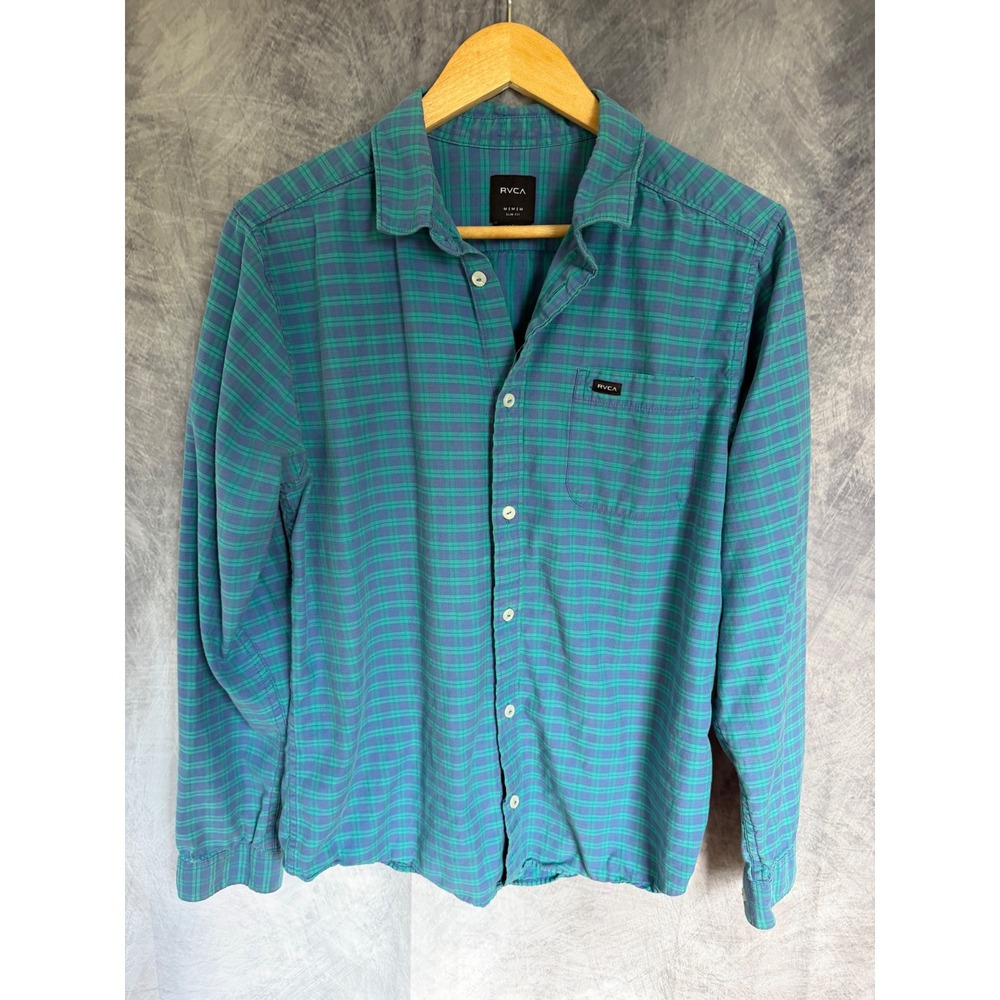 RVCA Mens Slim Fit Plaid Button Down Shirt Teal Purple Long Sleeve Cotton Medium